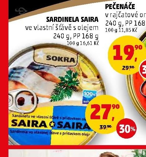 Sardinela Saira ve vlastní šťávě s olejem