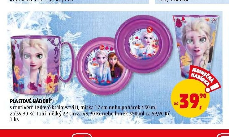 PLASTOVÉ NÁDOBÍ s motivem Ledové království II, miska 17 cm nebo pohárek 430 ml za 39,90 Kč, talíř mělký 22 cm za 49,90 Kč nebo hrnek 350 ml