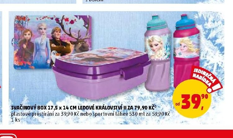 SVAČINOVÝ BOX 17,5 x 14 CM LEDOVÉ KRÁLOVSTVÍ II ZA 79,90 KČ plastové prostírání za 39,90 Kč nebo sportovní láhev 530 ml