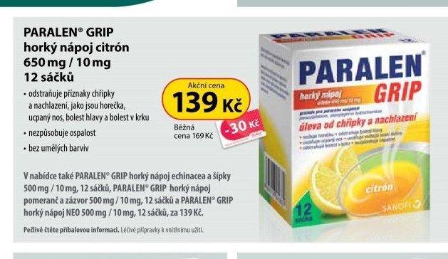 PARALEN GRIP horký nápoj citron 650 mg / 10 mg 12 sáčků