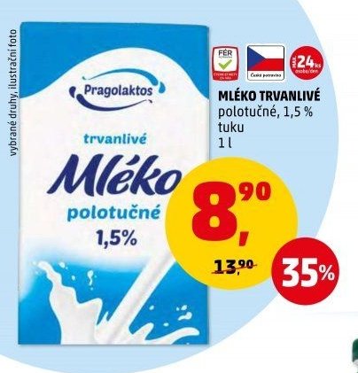 MLÉKO TRVANLIVÉ polotučné, 1,5 % tuku