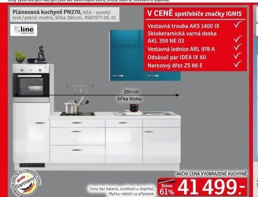 Plánovaná kuchyně PN270, bílá - vysoký lesk/petrol modrá, šířka 280 cm