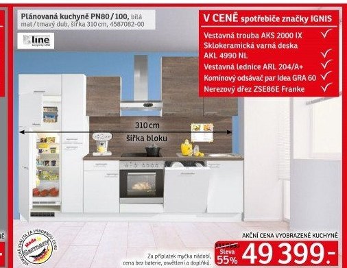 Plánovaná kuchyně PN80/100, bílá mat/tmavý dub, šířka 310 cm