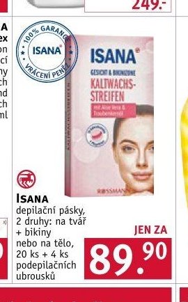 Isana depilační pásky, 2 druhy: na tvář + bikiny nebo na tělo, 20 ks + 4 ks podepilačních ubrousků
