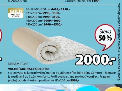 DREAMZONE VRCHNÍ MATRACE GOLD T45