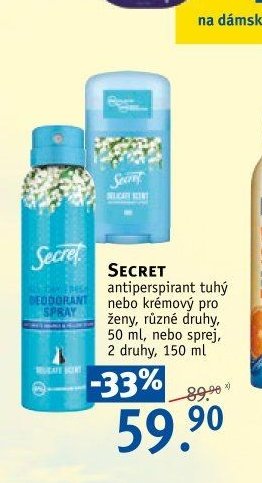SECRET antiperspirant tuhý nebo krémový, 50 ml / sprej 150 ml