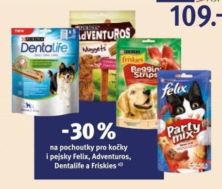 Pochoutky pro kočky a pejsky Felix, Adventuros, Dentalife a Friskies