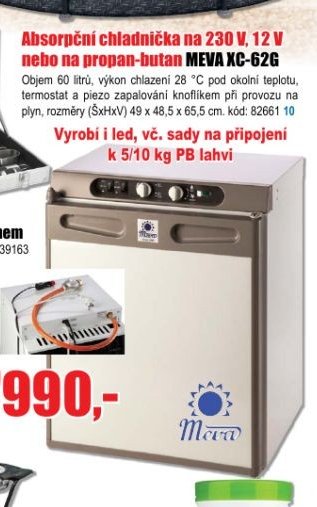 Absorpční chladnička na 230 V, 12 V nebo na propan-butan MEVA XC-62G