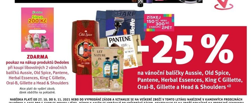 vánoční balíčky Aussie, Old Spice, Pantene, Herbal Essences, King C Gillette, Oral-B, Gillette a Head & Shoulders