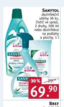 SANYTOL dezinfekční utěrky 36 ks, čistič ve spreji, 2 druhy, 500 ml nebo dezinfekce na podlahy a plochy, 1 l