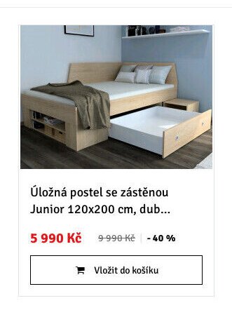 Úložná postel se zástěnou Junior 120x200 cm, dub...