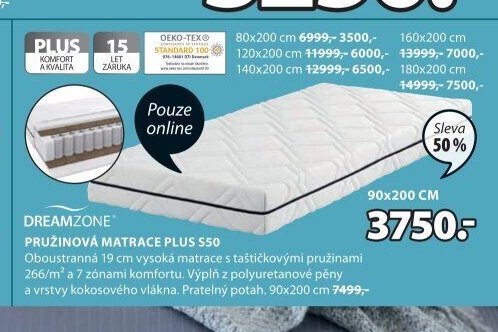 DREAMZONE PRUŽINOVÁ MATRACE PLUS S50
