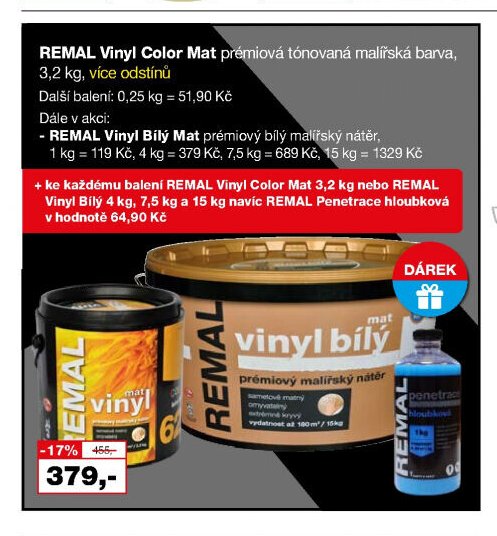 REMAL Vinyl Color Mat prémiová tónovaná malířská barva, 3,2 kg