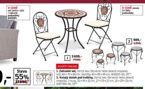Zahradní set, černý kov / červená nebo zelená mozaika