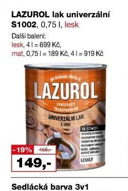 LAZUROL lak univerzální S1002, 0,75 l, lesk