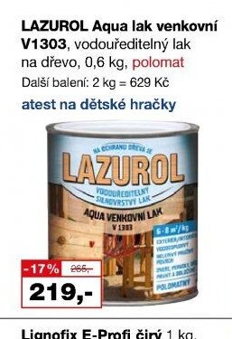 LAZUROL Aqua lak venkovní V1303, vodouředitelný lak na dřevo, 0,6 kg, polomat