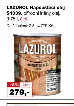 LAZUROL Napouštěcí olej S1039, přírodní lněný olej, 0,75 l, čirý