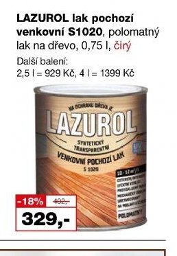 LAZUROL lak pochozí venkovní S1020, polomatný lak na dřevo, 0,75 l, čirý