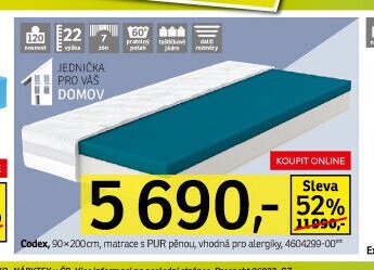Codex, 90x200cm, matrace s PUR pěnou, vhodná pro alergiky