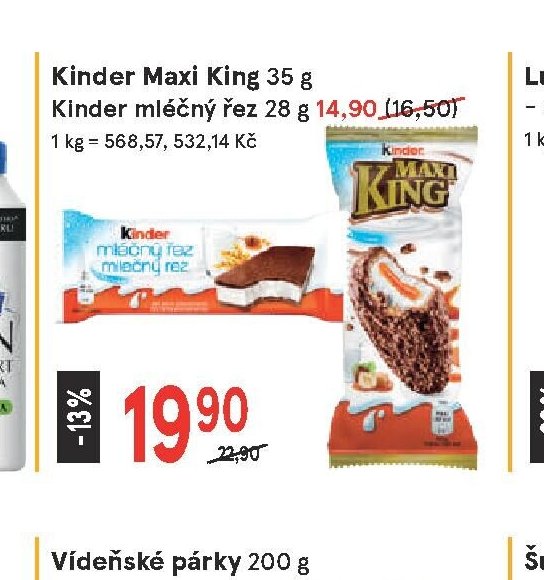 Kinder Maxi King 35 g, Kinder mléčný řez 28 g