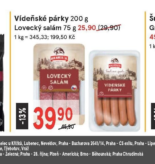 Vídeňské párky 200 g, Lovecký salám 75 g