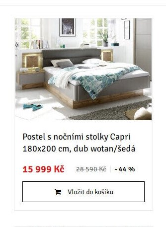 Postel s nočními stolky Capri 180x200 cm, dub wotan/šedá