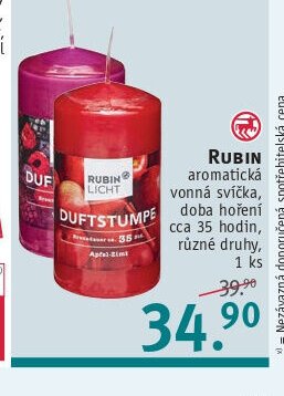 Rubin aromatická vonná svíčka, doba hoření cca 35 hodin, různé druhy, 1 ks