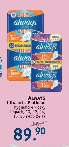 ALWAYS Ultra nebo Platinum hygienické vložky