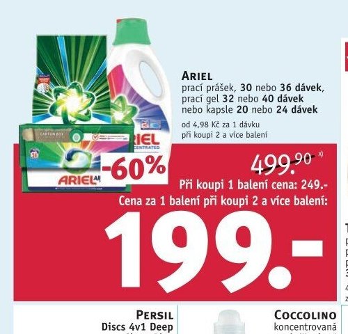 ARIEL prací prášek, 30 nebo 36 dávek, prací gel 32 nebo 40 dávek nebo kapsle 10 nebo 24 dávek