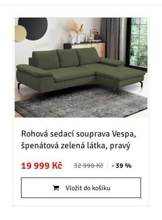 Rohová sedací souprava Vespa, špenátová zelená látka, pravý