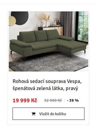 Rohová sedací souprava Vespa, špenátová zelená látka, pravý
