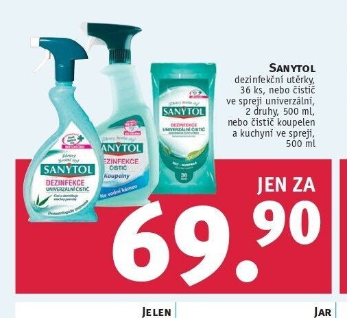SANYTOL dezinfekční utěrky 36 ks, nebo čistič ve spreji univerzální, 2 druhy, 500 ml, nebo čistič koupelen a kuchyní ve spreji, 500 ml