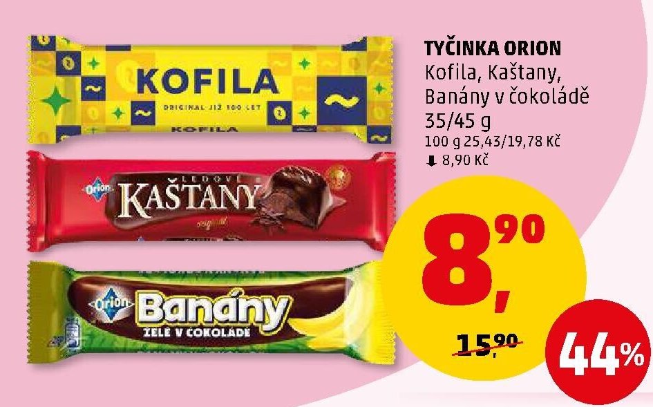 TYČINKA ORION Kofila, Kaštany, Banány v čokoládě