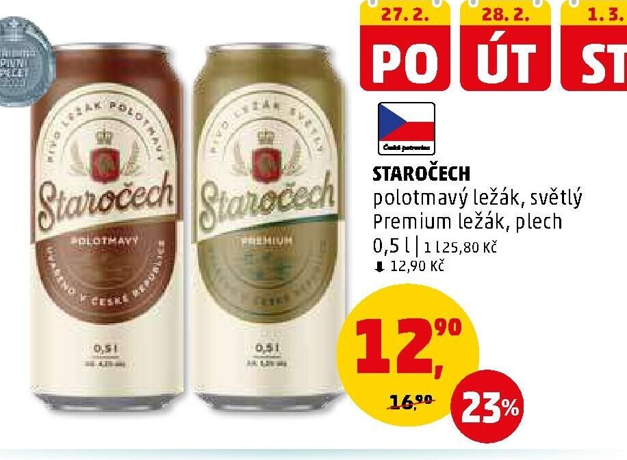 STAROČECH polotmavý ležák, světlý Premium ležák, plech