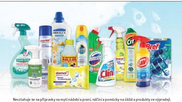 Výběr čisticích prostředků (včetně Sanitol, Domol, Domestos, Clin, Cif, Bref, Savo)