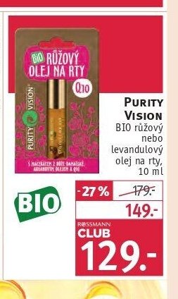 Purity Vision BIO růžový nebo levandulový olej na rty, 10 ml