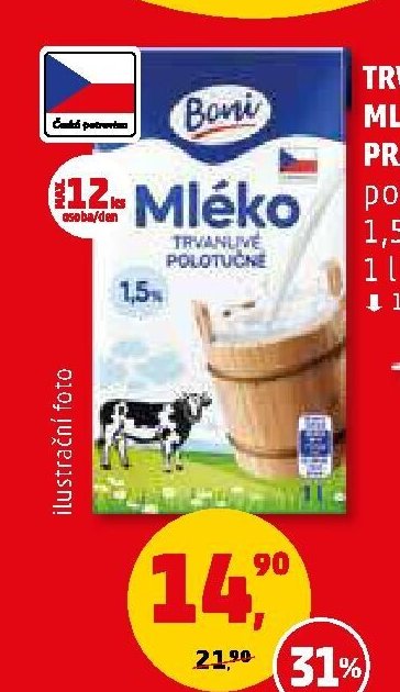 Trvanlivé mléko Boni / Pragolaktos 1,5% tuku 1 l