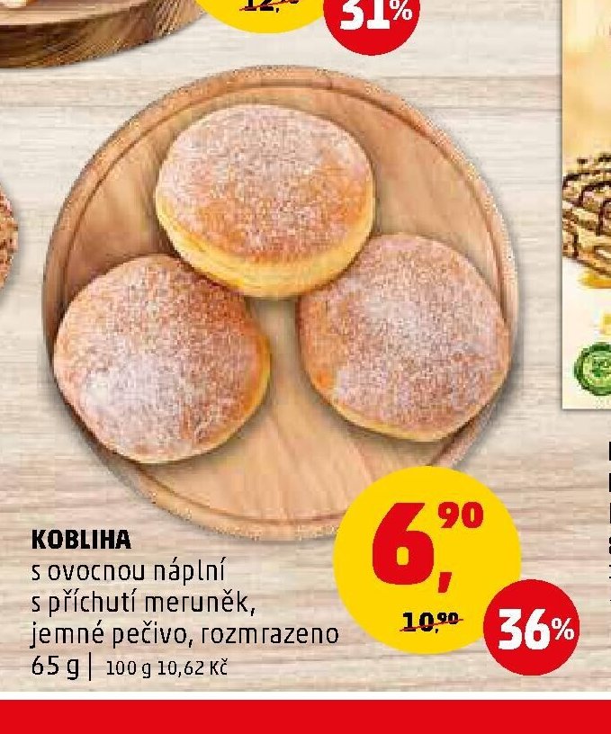 KOBLIHA s ovocnou náplní s příchutí meruněk, jemné pečivo, rozmrazeno 65 g