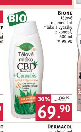 BIONE tělové regenerační mléko s výtažky z konopí, 500 ml