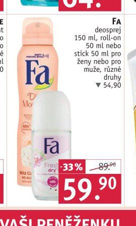 FA deosprej 150 ml, roll-on 50 ml nebo stick 50 ml pro ženy nebo pro muže