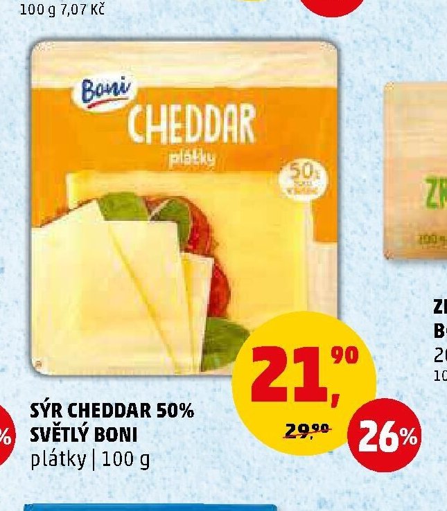 Sýr Cheddar 50% světlý Boni plátky