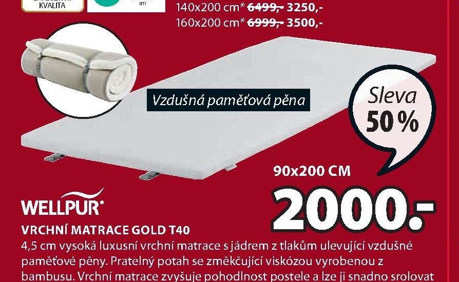 WELLPUR VRCHNÍ MATRACE GOLD T40