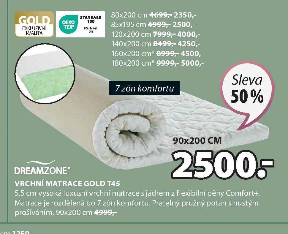 DREAMZONE VRCHNÍ MATRACE GOLD T45