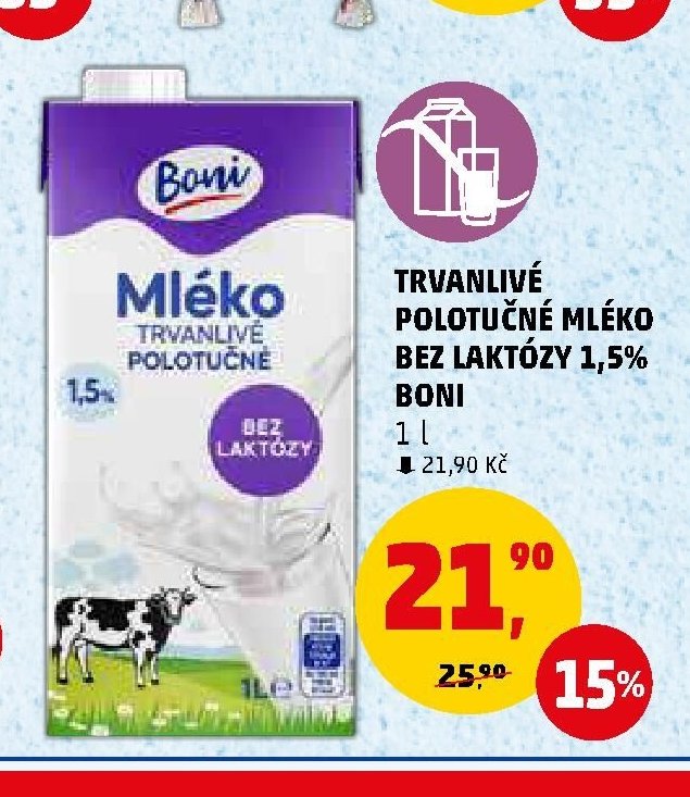 TRVANLIVÉ POLOTUČNÉ MLÉKO BEZ LAKTÓZY 1,5% BONI