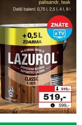 LAZUROL Classic S1023 syntetická lazura na dřevo