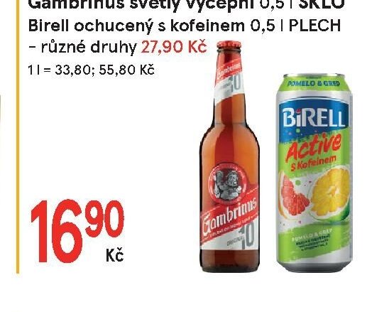 Gambrinus světlý výčepní 0,5 l SKLO, Birell ochucený s kofeinem 0,5 l PLECH