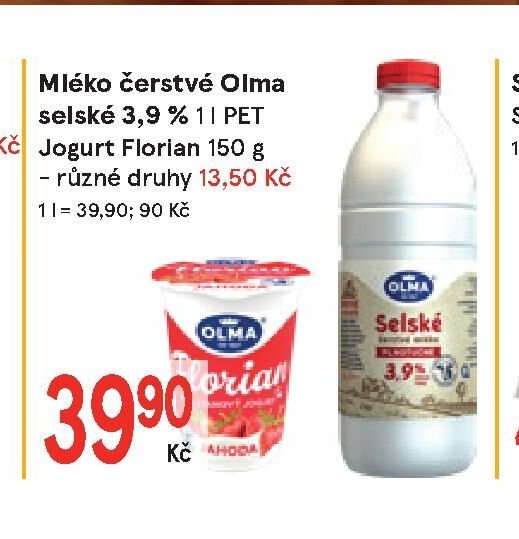 Mléko čerstvé Olma selské 3,9 % 1 l PET