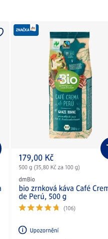 dmBio zrnková káva Café Crema de Perú, 500 g