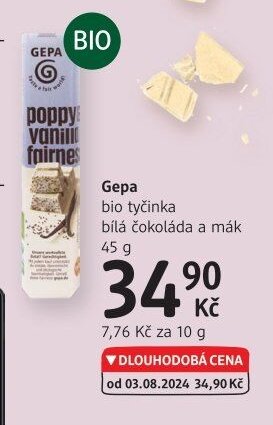 Gepa bio tyčinka bílá čokoláda a mák