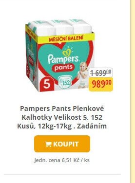 Pampers Pants Plenkové Kalhotky Velikost 5, 152 Kusů, 12kg-17kg